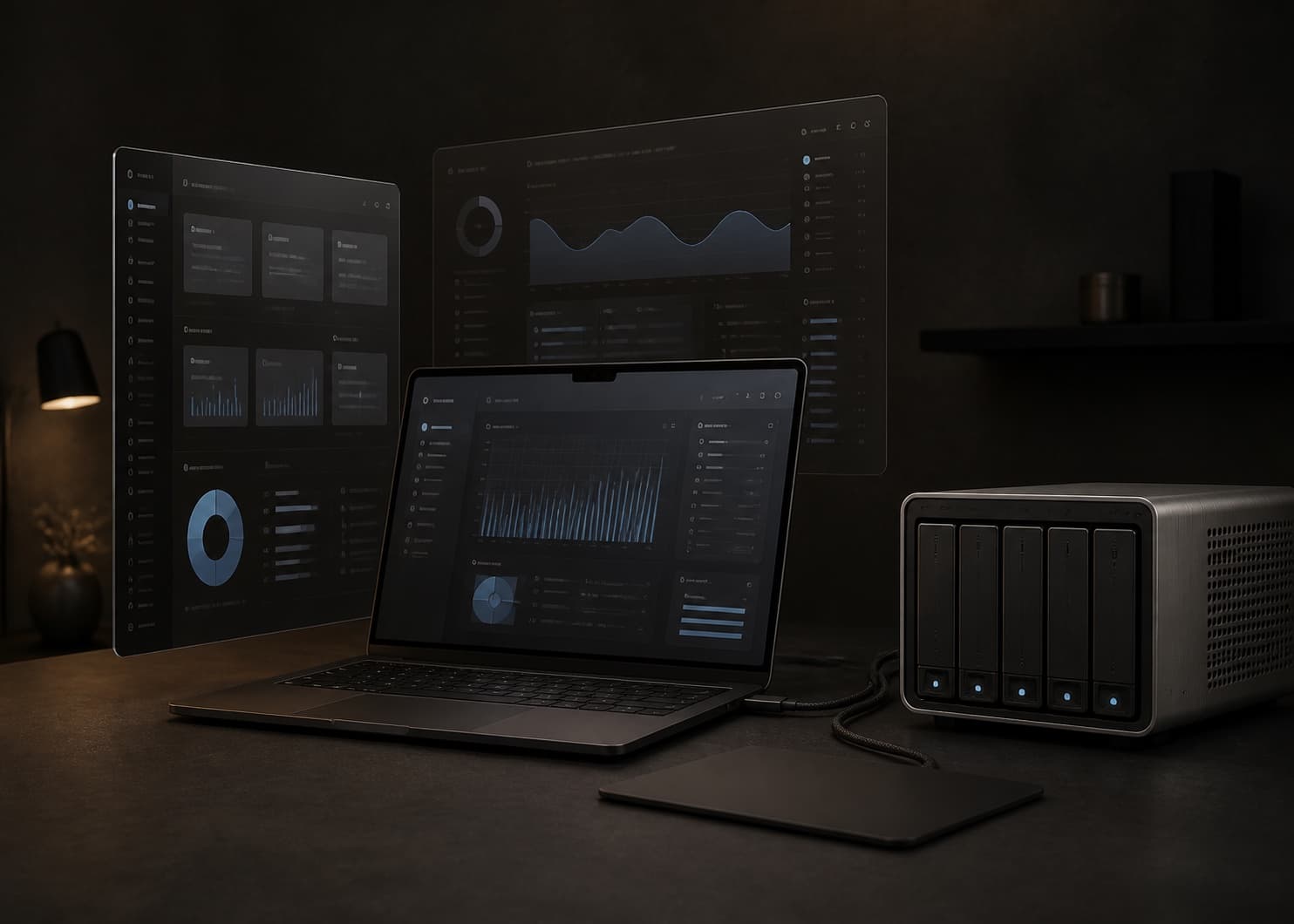 Layered product interfaces connected to local server hardware in a dark studio