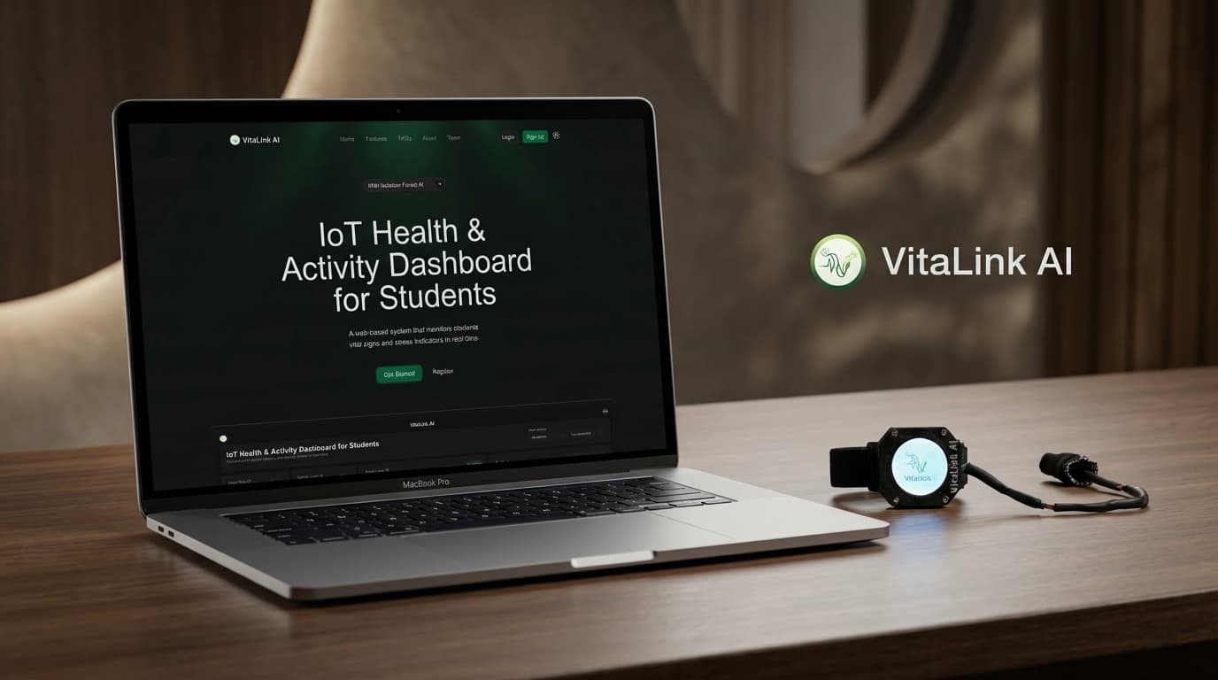VitaLink AI dashboard displayed on a laptop beside its wearable health sensor